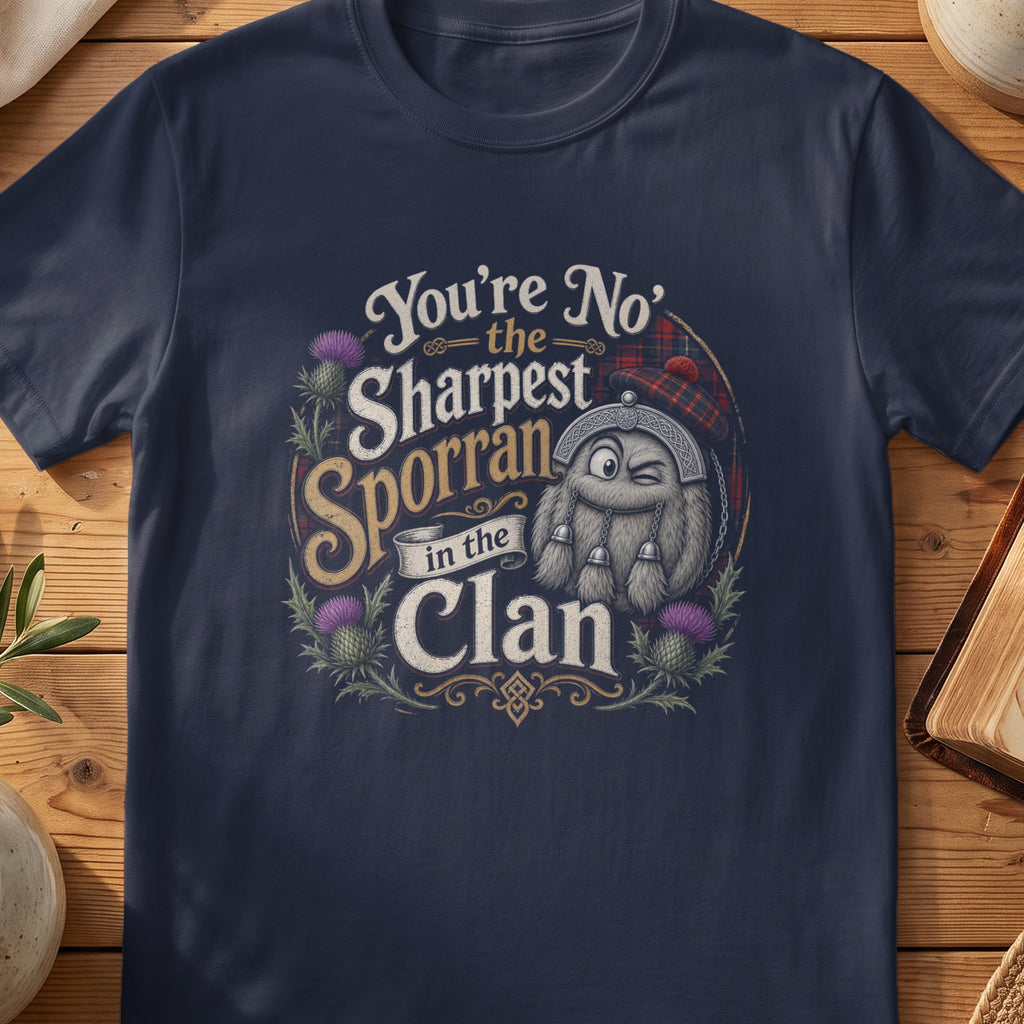Navy Gildan 64000 unisex T-shirt flatlay with Sharpest Sporran in the Clan Scottish graphic design