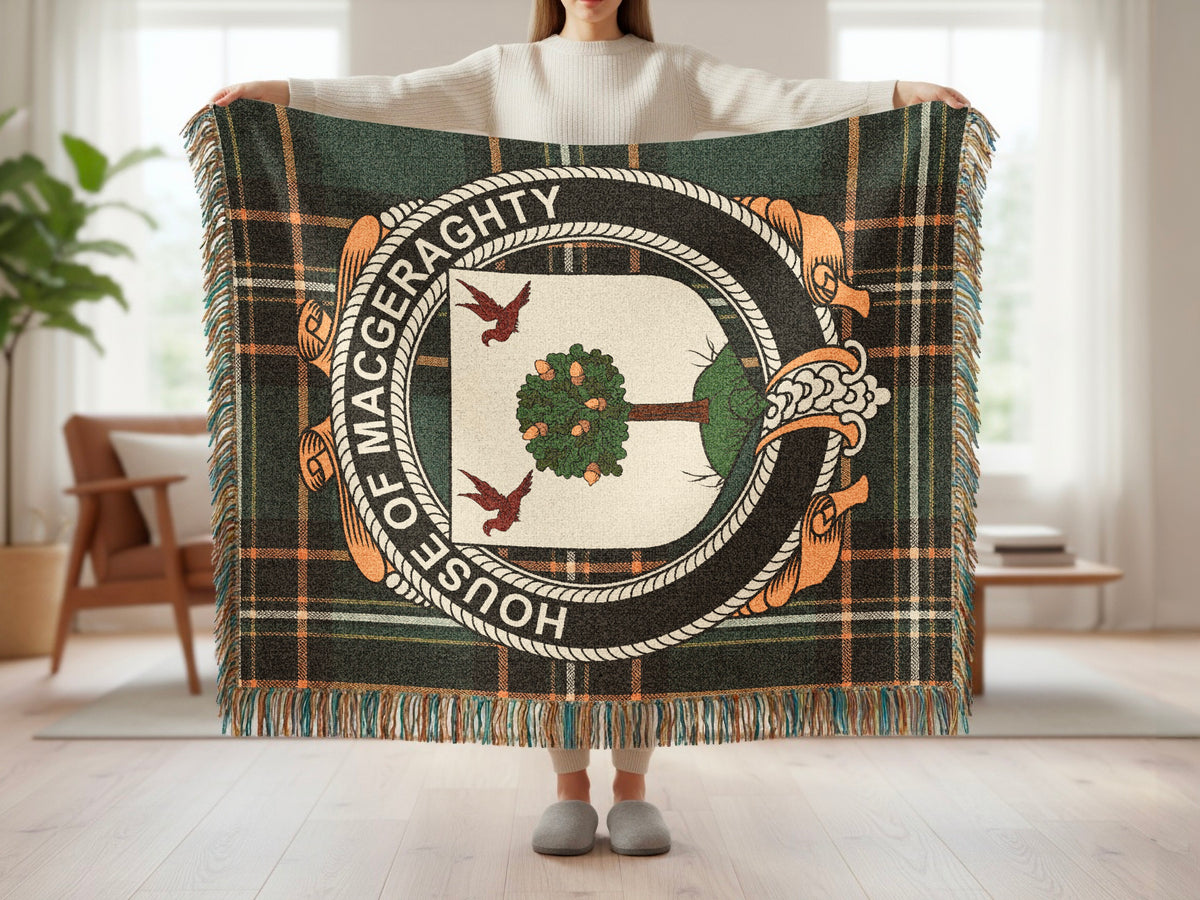 MacGeraghty surname blanket showing Irish National Tartan woven design
