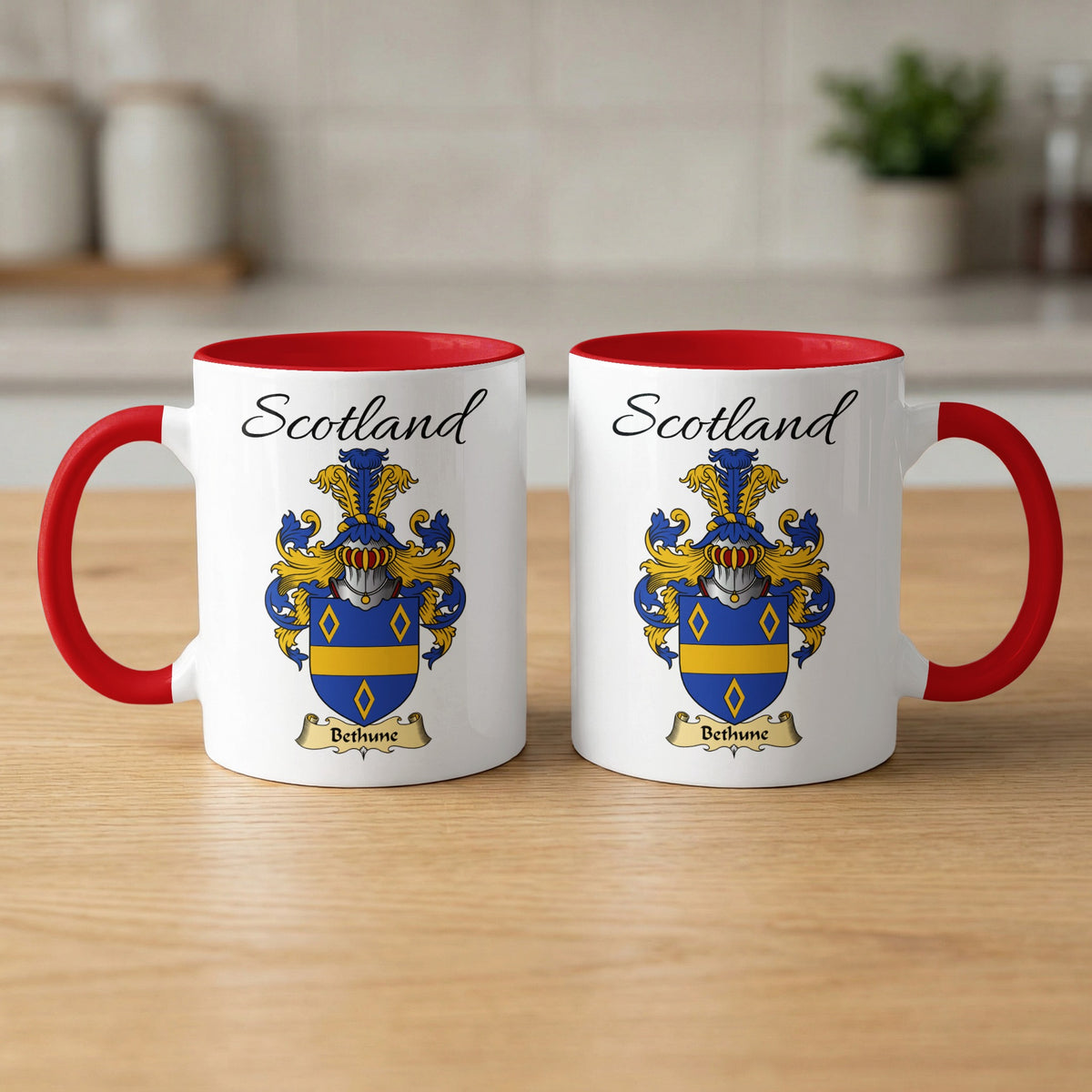 Bethune 11 oz Scottish family crest ceramic mug with a Scotland-topped heraldic emblem