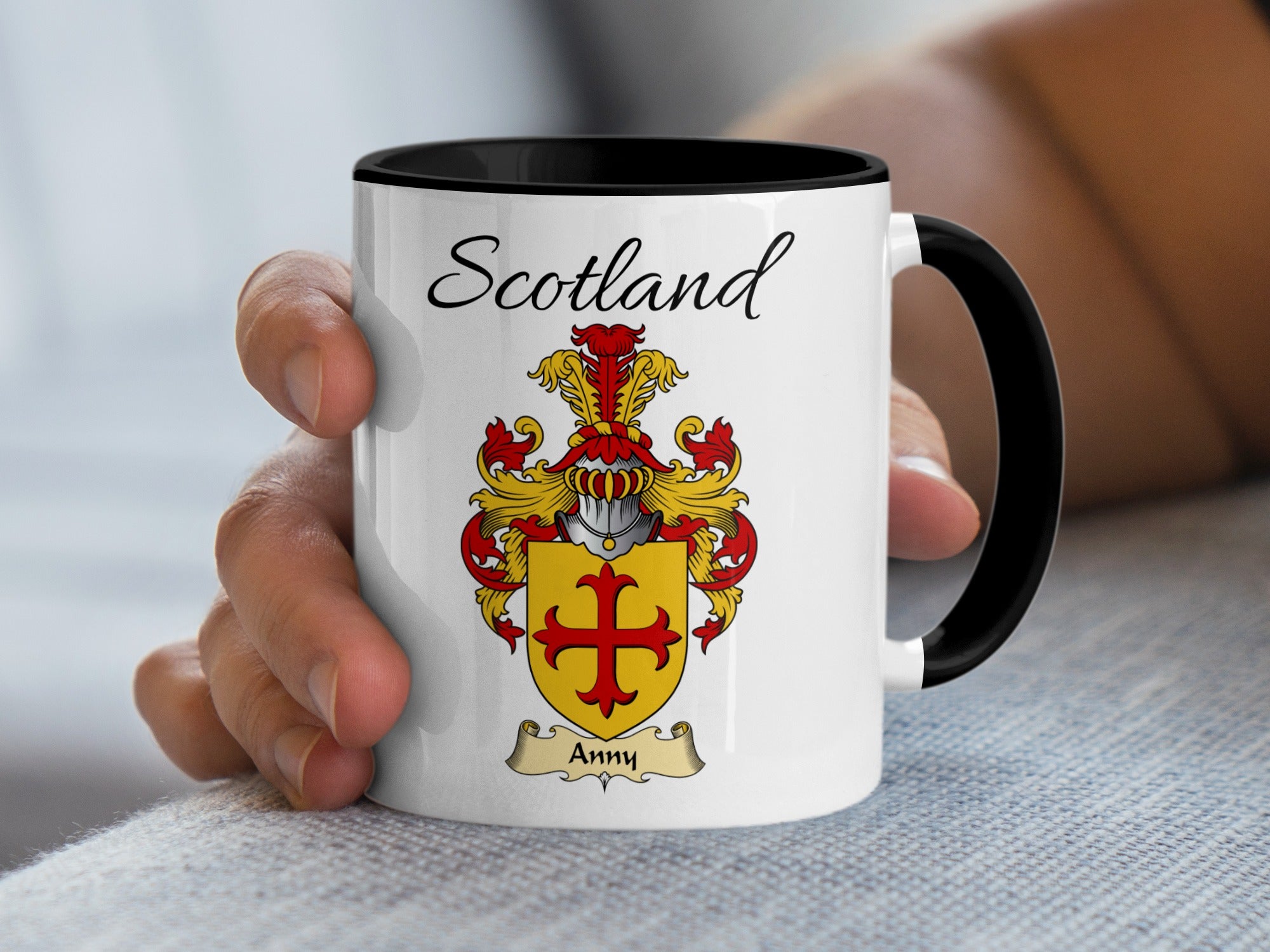 Anny Scottish family crest accent mug with Scotland above the coat of arms design
