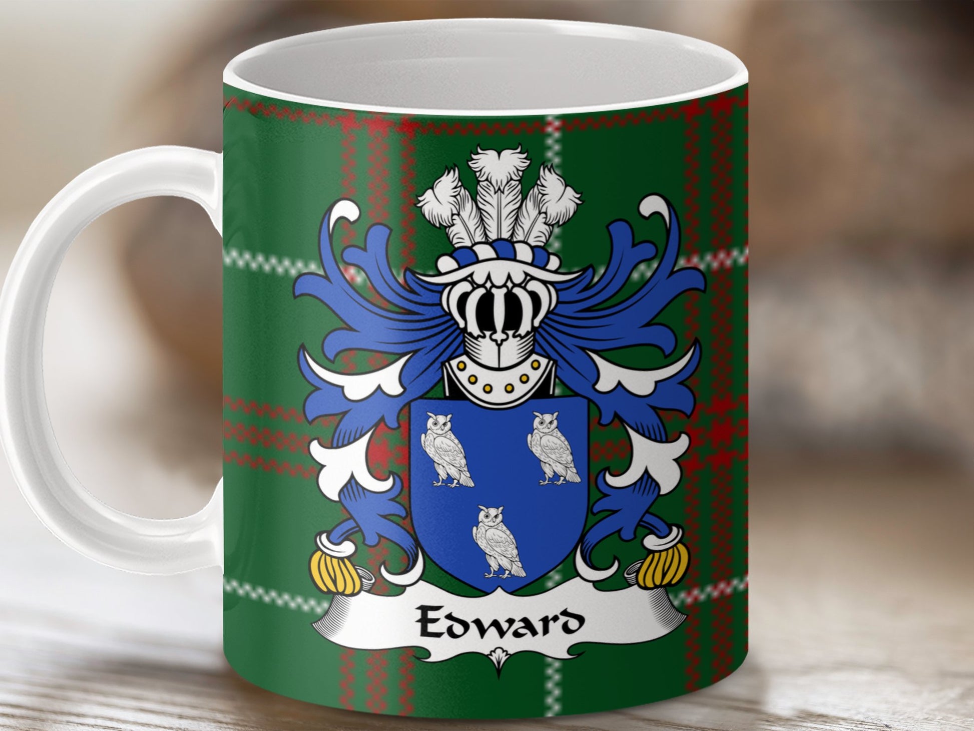 Edward Welsh Surname Coat of Arms Tartan Background Mug - Living Stone Gifts