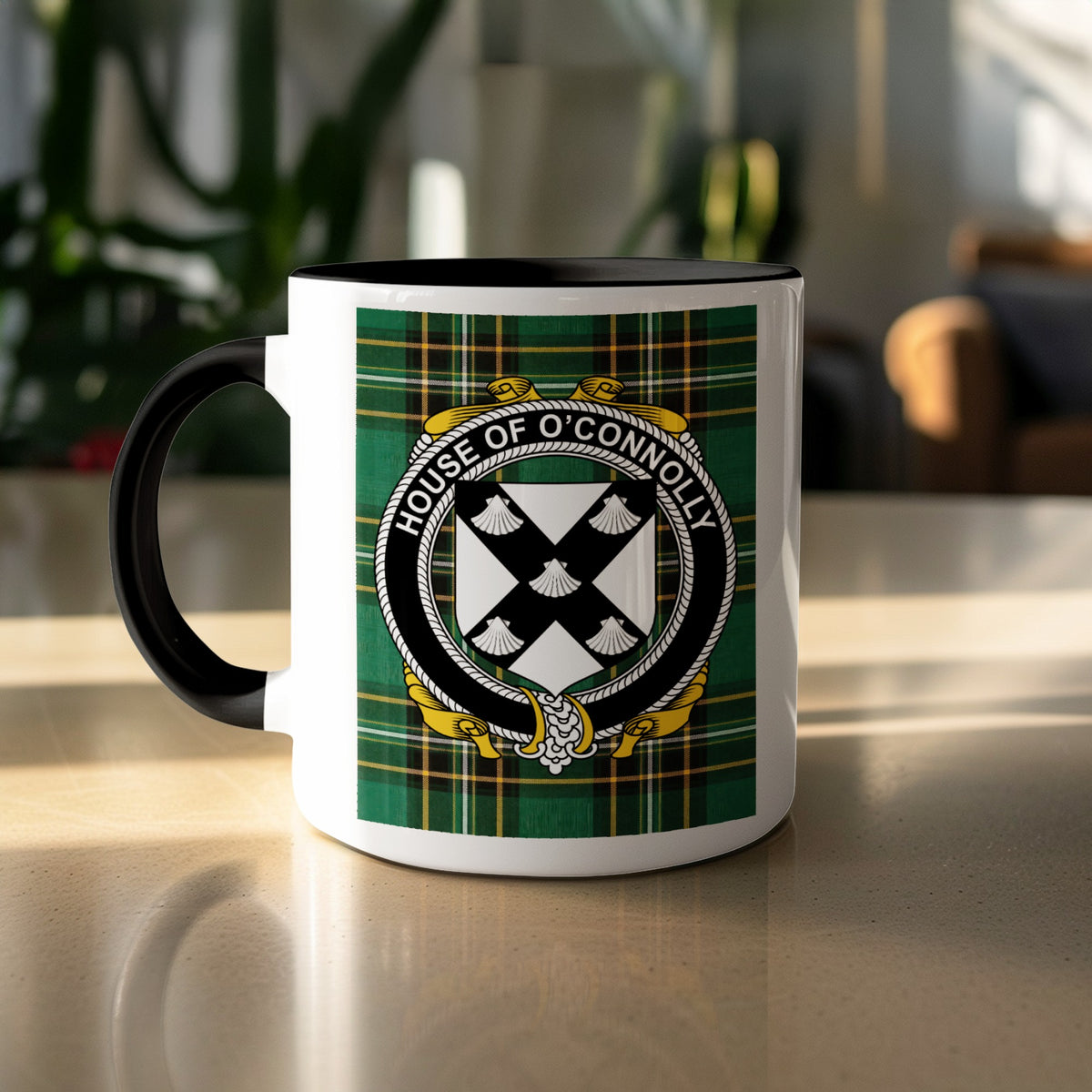 O'Connolly surname accent mug displayed with Irish National Tartan design
