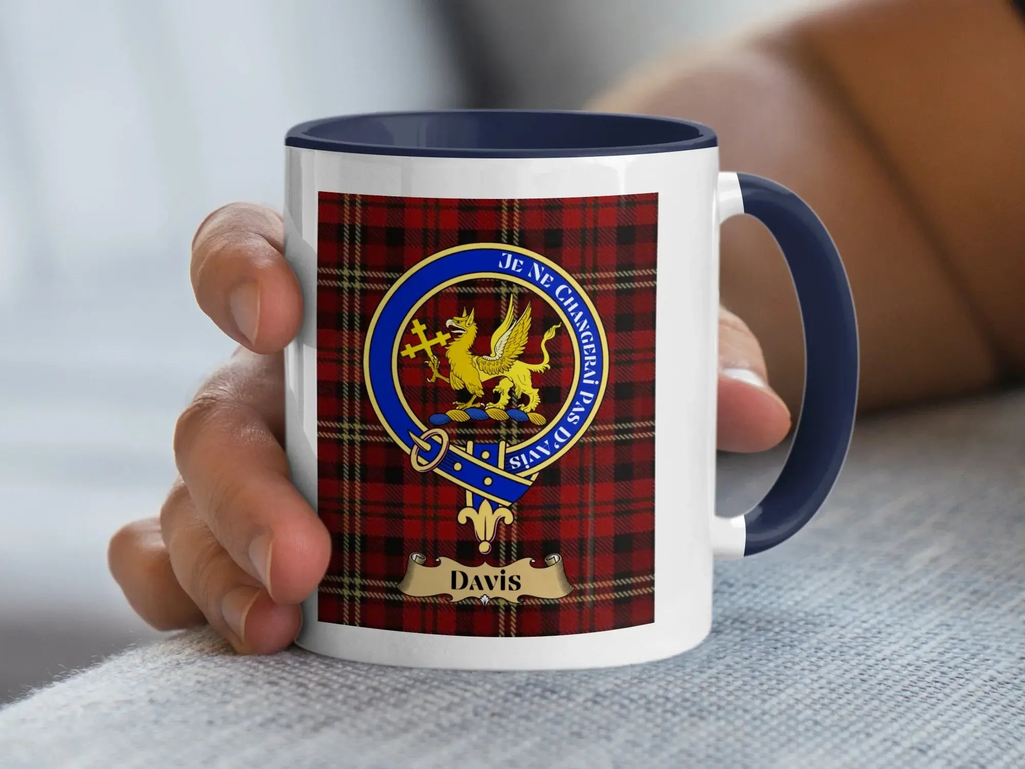 Davis family crest coffee mug with a tartan-style design