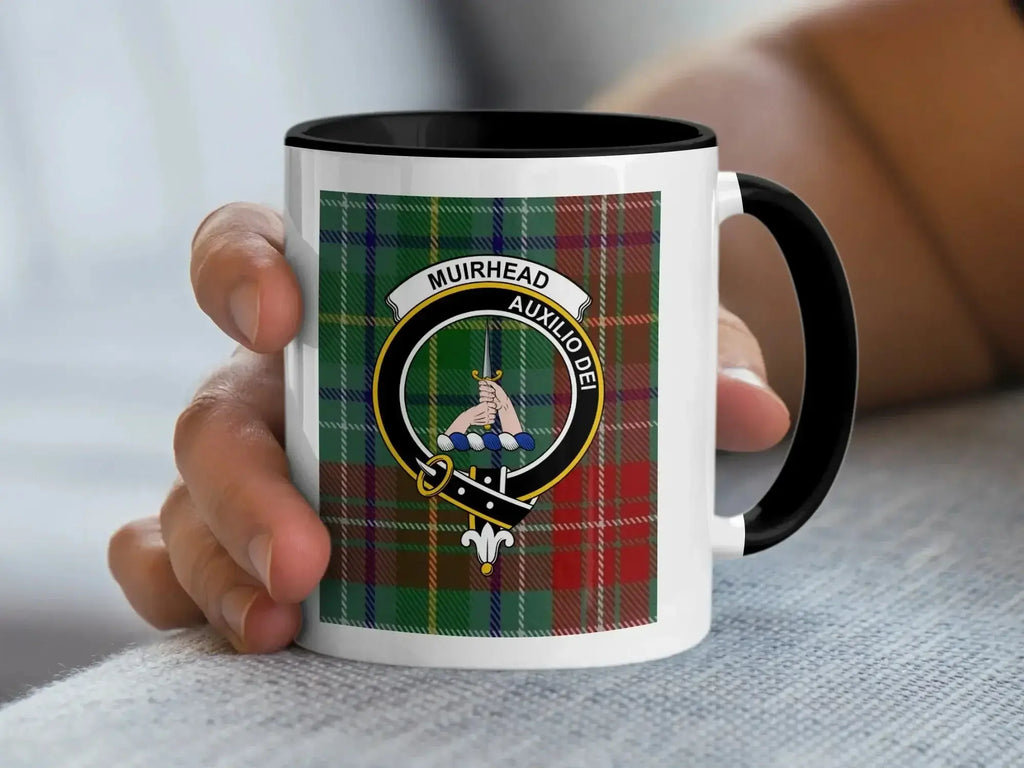 Top-down view of Muirhead clan crest mug showing interior accent colour — glossy ceramic