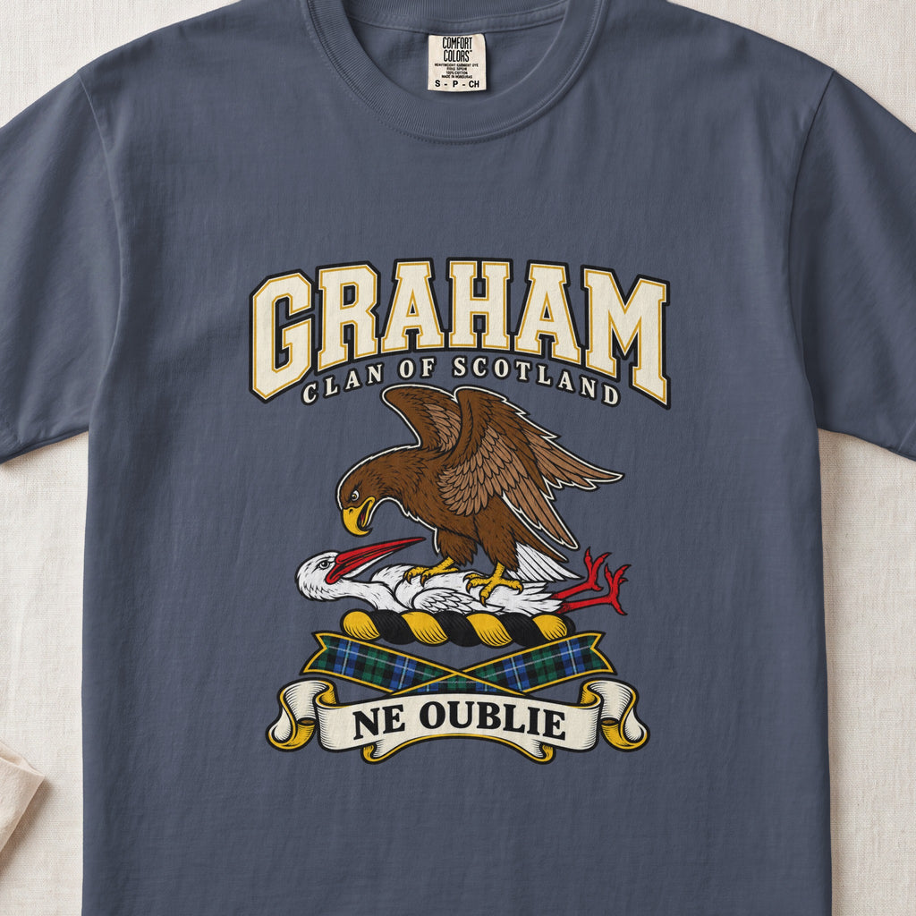 Graham graphic T-shirt in Midnight blue, front flat lay showing varsity lettering and brown eagle-like bird over a white long-necked bird with red beak and legs.