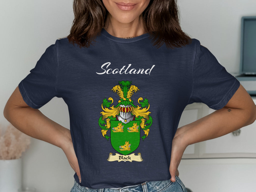 Black Scottish family shield design on Navy T-shirt