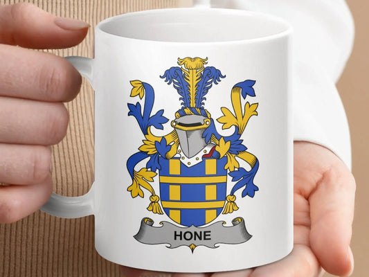Hone Surname Irish Coat Arms Family Crest 11 oz mug - Celtic Ancestry Gifts