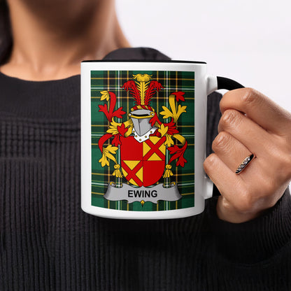 Black and white mug featuring the Ewing family crest on a tartan background.
