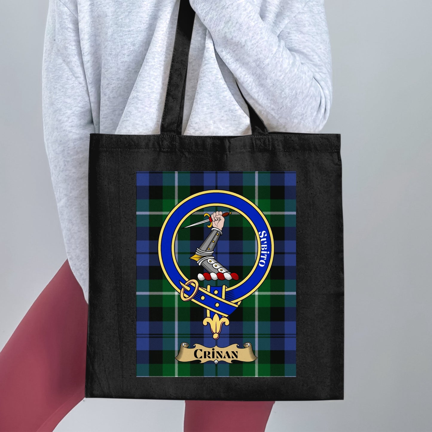 Crinan Scottish Clan Crest on Tartan Background Tote Bag - Living Stone Gifts