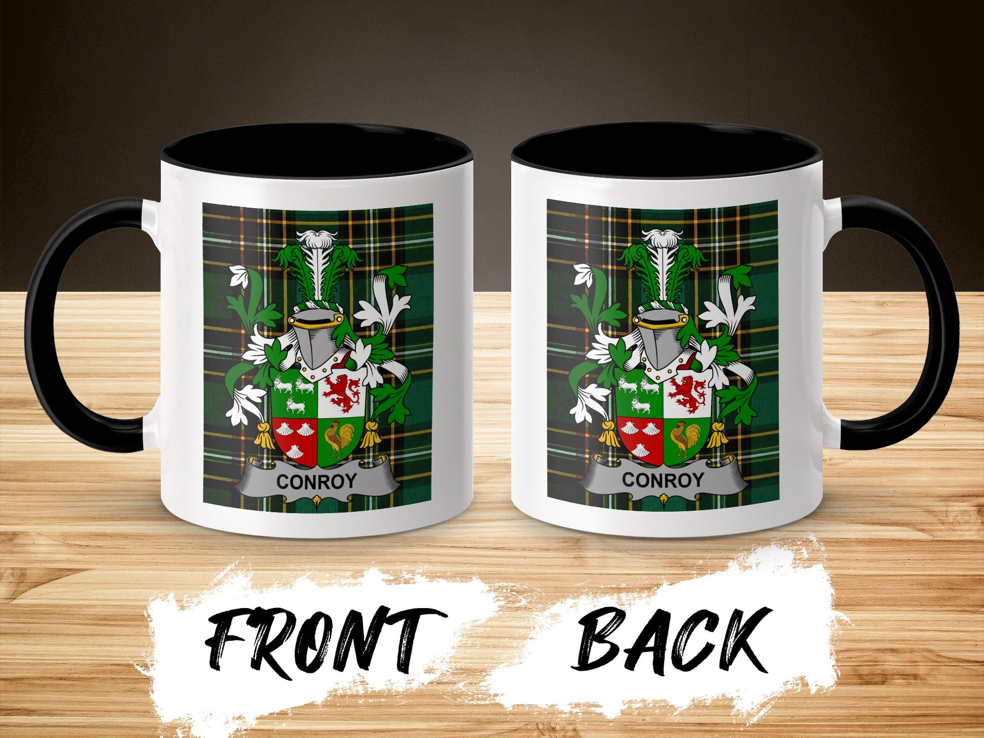 Mug with Conroy crest and plaid pattern, showing front and back views.