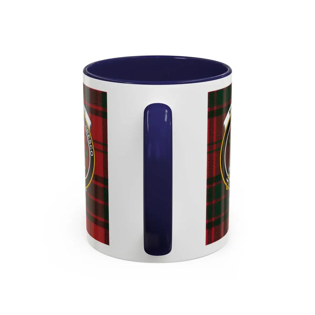 Maxwell clan tartan pattern on ceramic mug — Reviresco stag crest accent mug in navy
