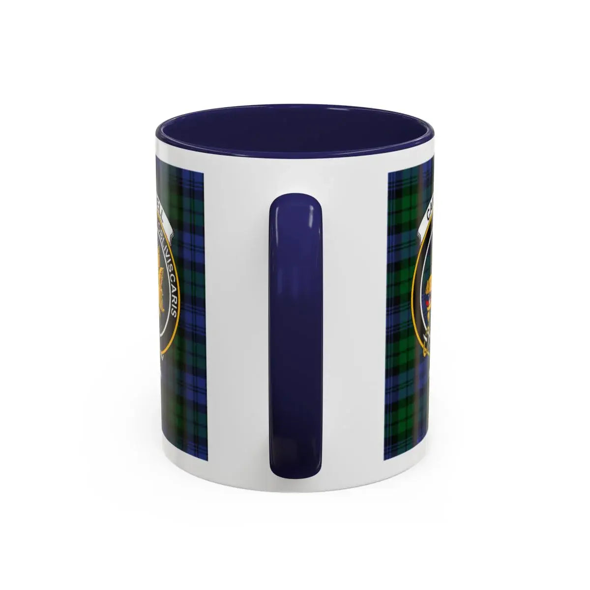 Campbell tartan accent mug in dark green and black — full crest view, 15oz ceramic