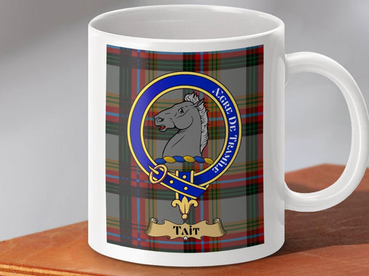 Unique Tait Family Crest Mug with Clan Tartan Design product