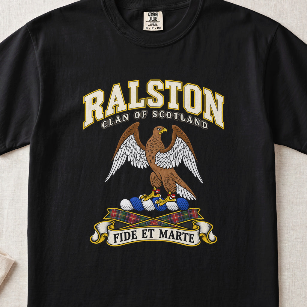Ralston Scottish clan T-shirt in Black, front view with a brown eagle with spread wings and motto design.
