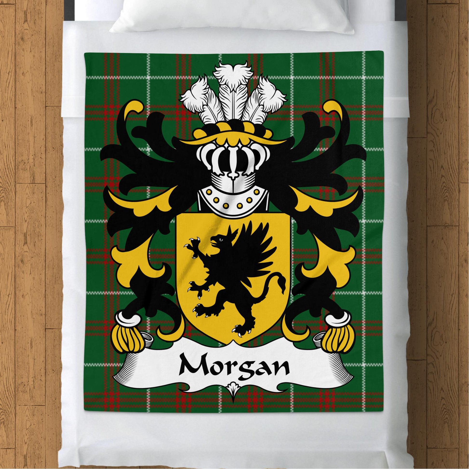 Morgan Coat of Arms on Tartan Background Blanket - Living Stone Gifts