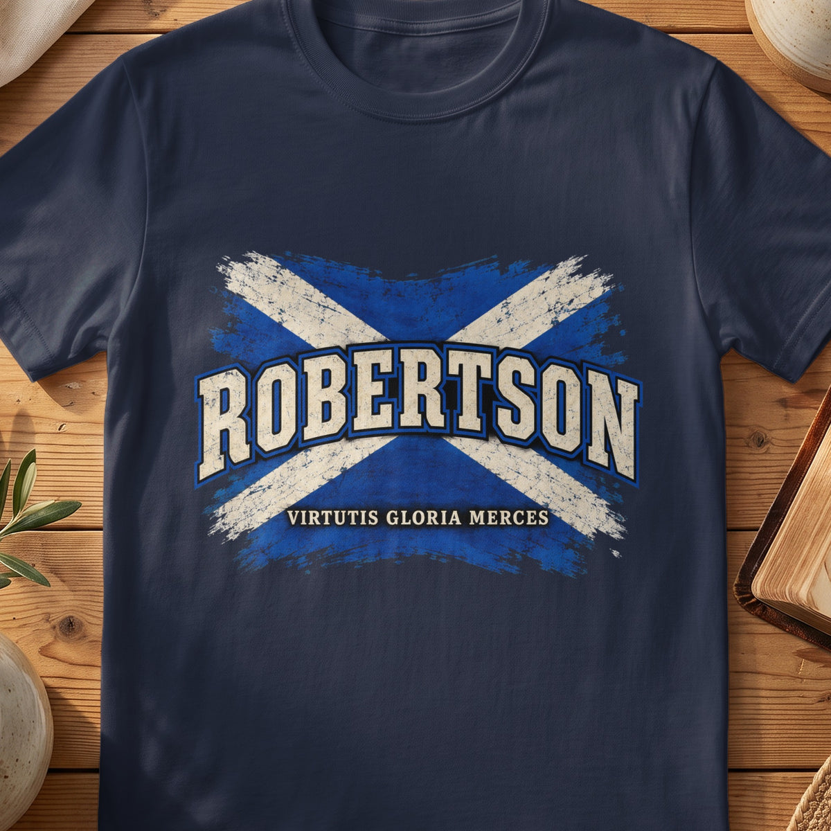 Robertson Scottish Saltire T-shirt in Navy, with distressed blue and cream flag and “Virtutis Gloria Merces” lettering.