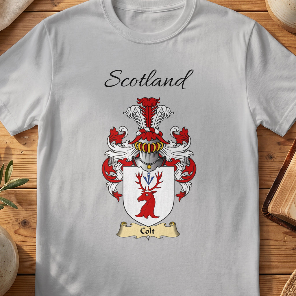 Sport Grey Colt Scottish family shield T-shirt featuring a red stag head with blue details