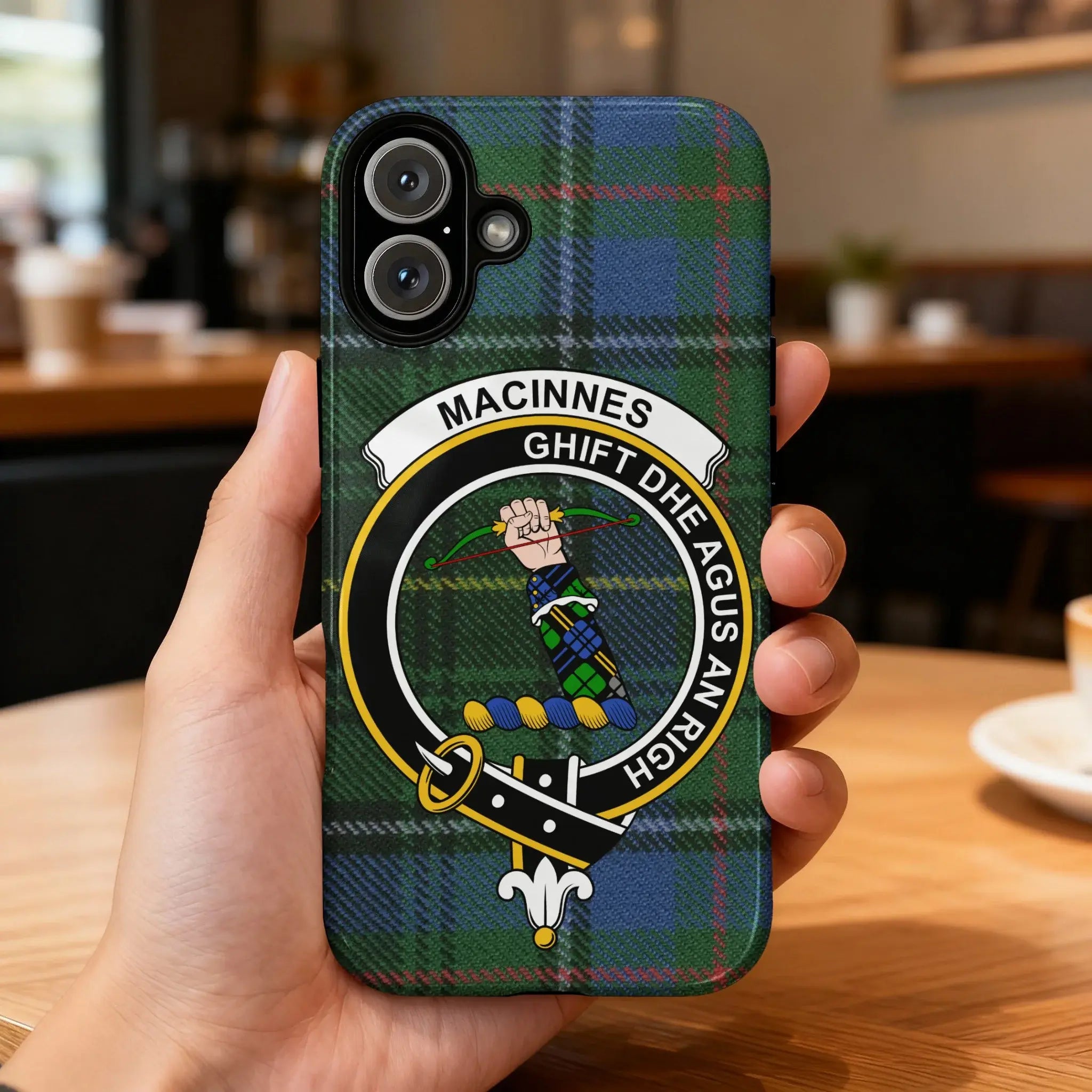 MacInnes clan crest tartan phone case — Ghìft Dhe Agus An Righ full wrap glossy print on iPhone