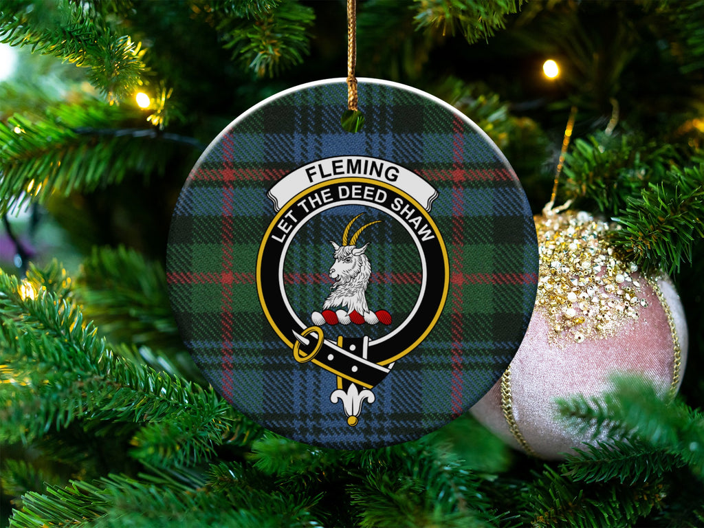 Fleming clan crest tartan ceramic ornament with Let the Deed Shaw motto