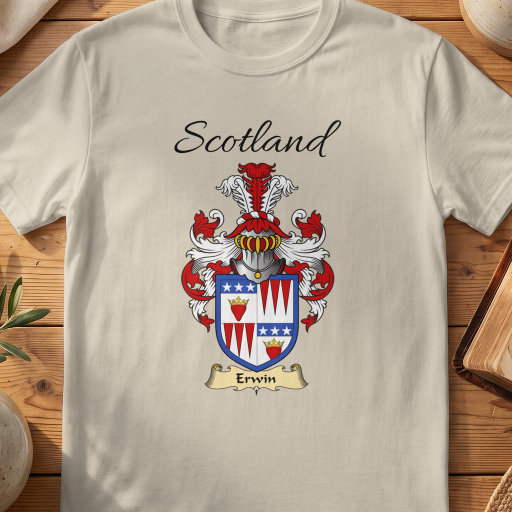 Sand Erwin Scottish family shield T-shirt featuring a quartered design with red hearts and blue stars