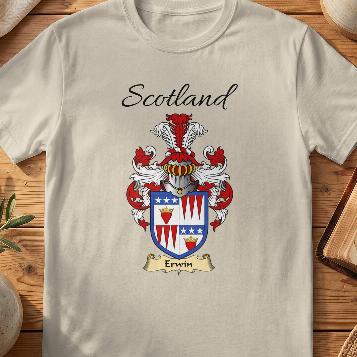 Sand Erwin Scottish family shield T-shirt featuring a quartered design with red hearts and blue stars