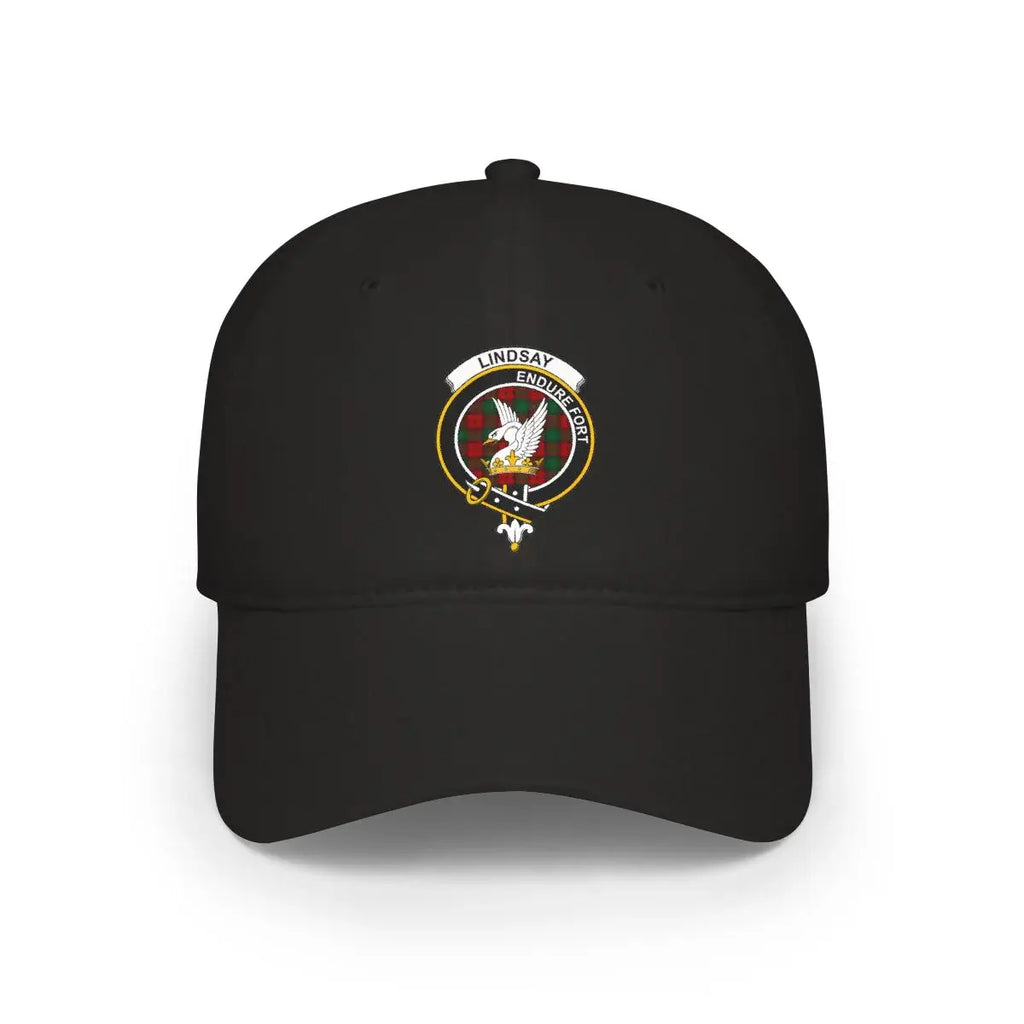 Lindsay clan crest tartan cap in black — 100% cotton with Endure Fort eagle heraldic design