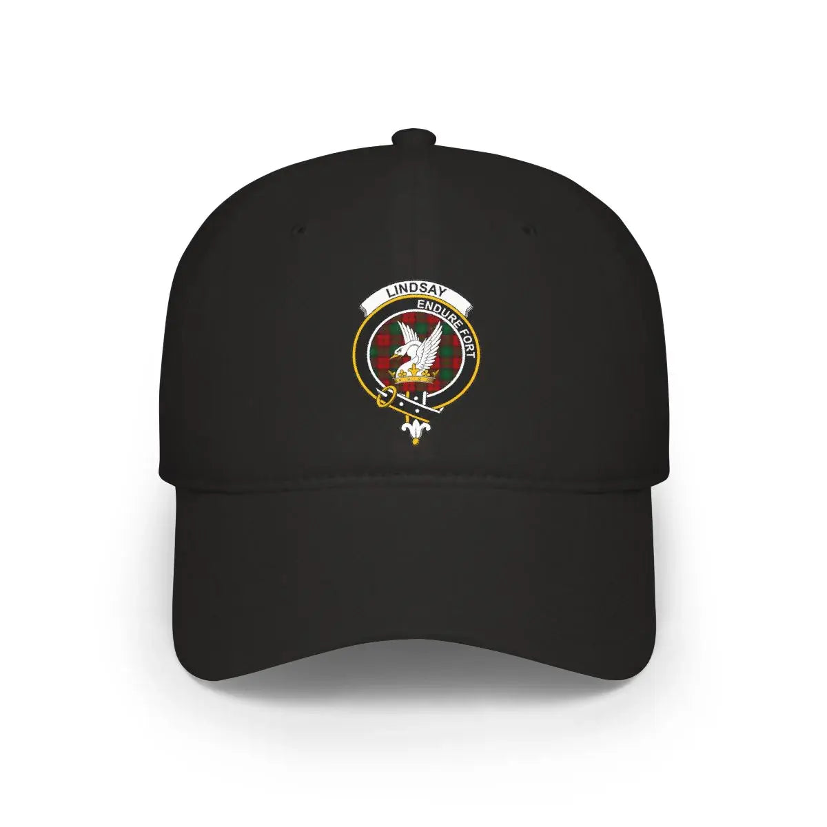 Lindsay clan crest tartan cap in black — 100% cotton with Endure Fort eagle heraldic design