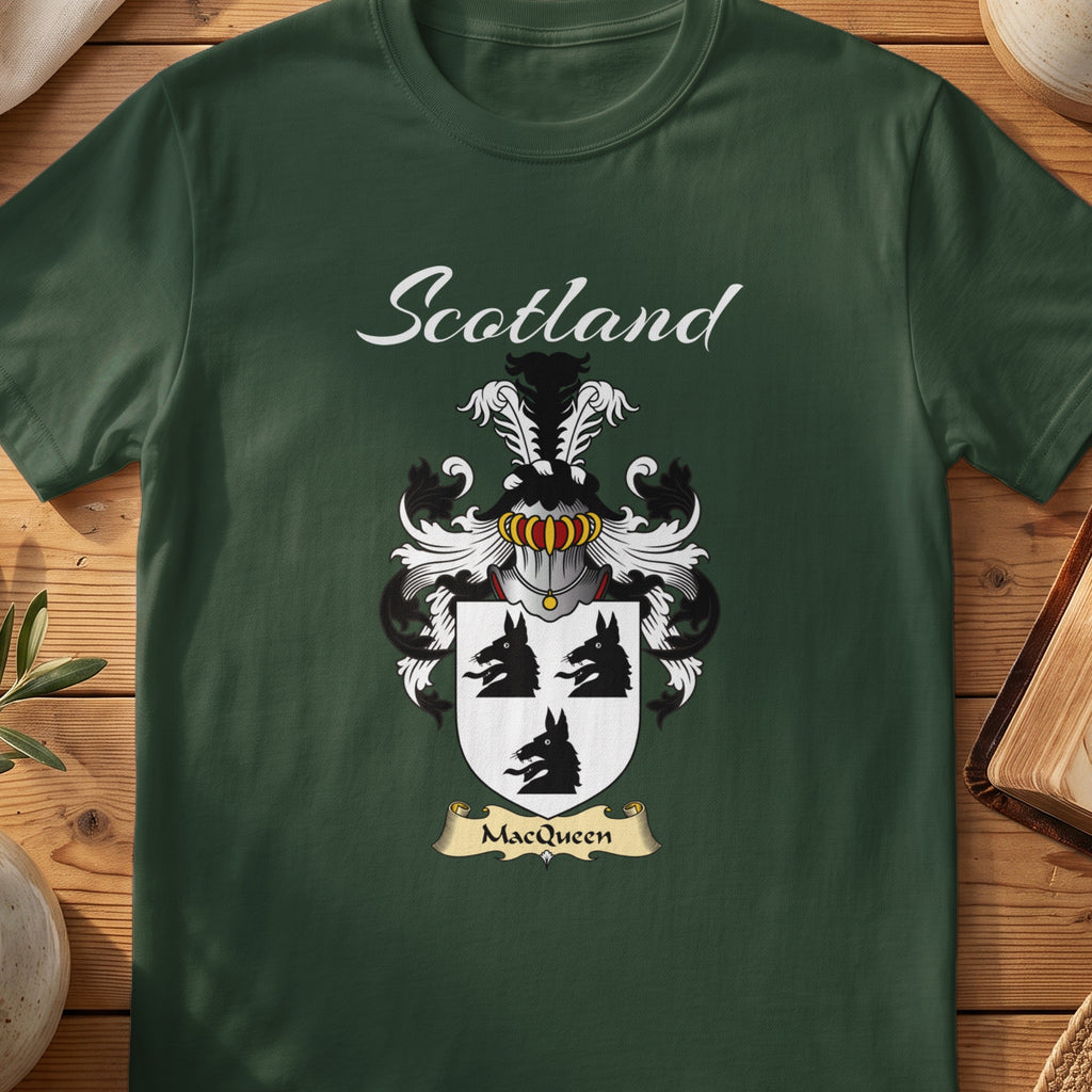 Forest Green MacQueen Scottish T-shirt featuring three black animal heads on a pale shield