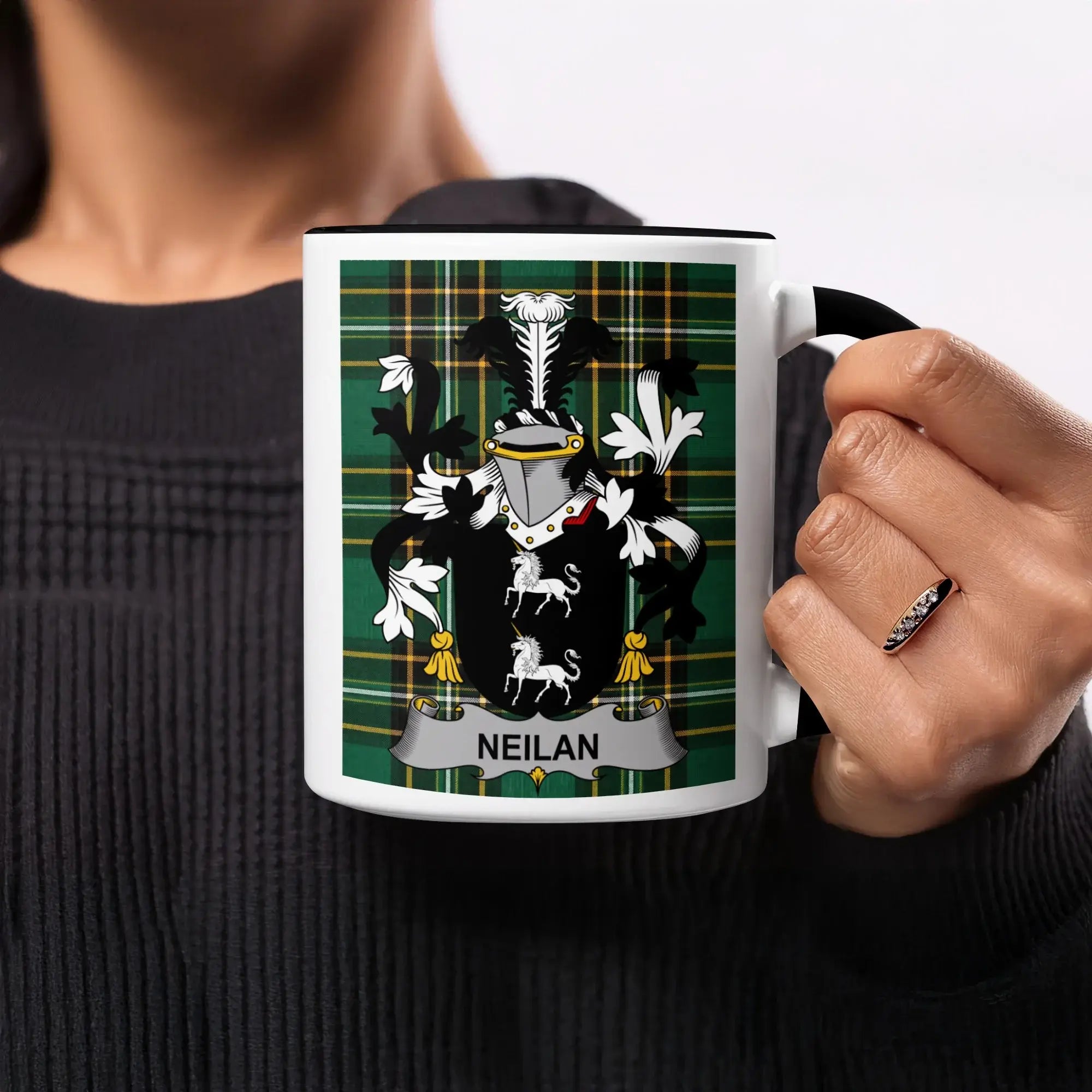 Neilan Irish heritage mug with black handle and interior