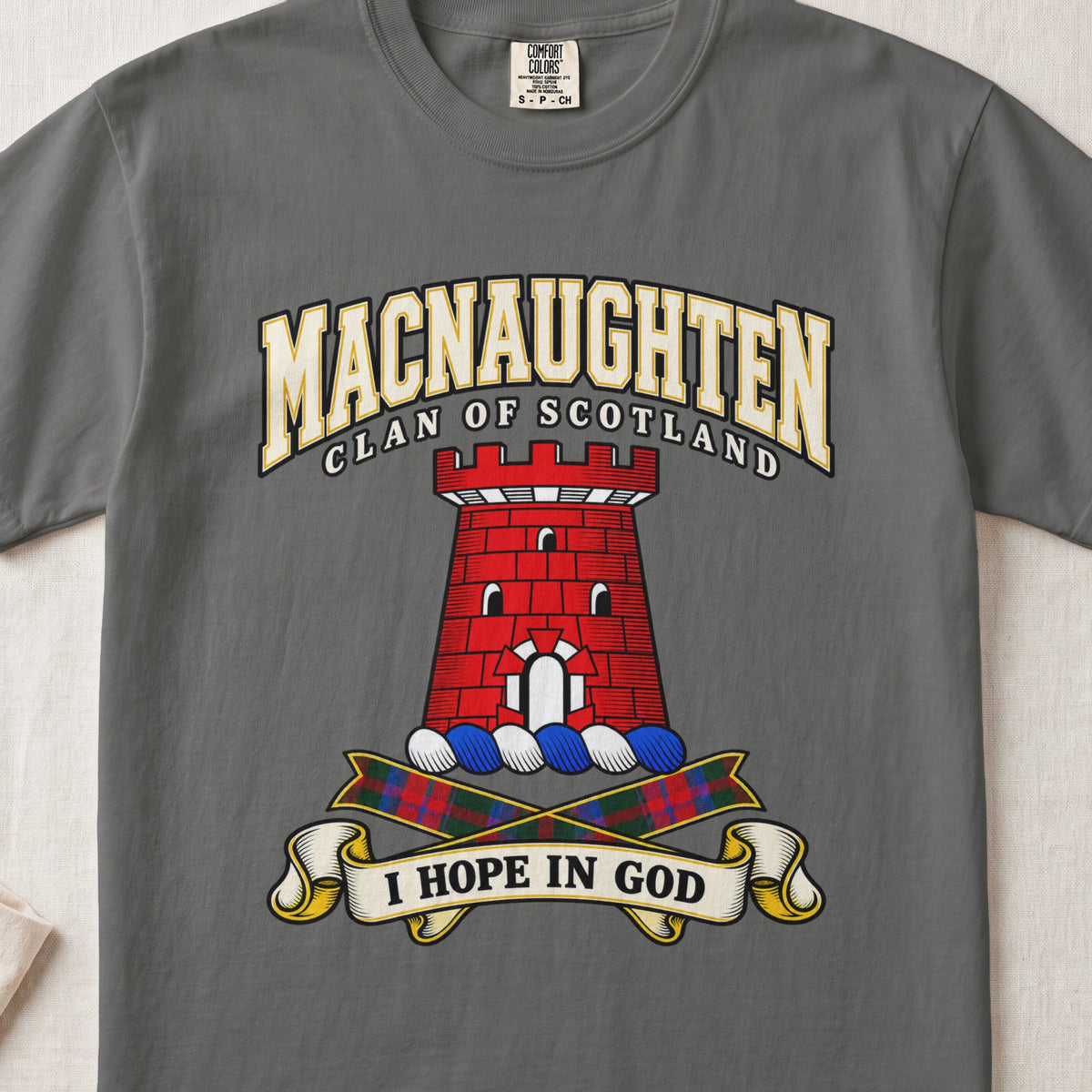 MacNaughten Scottish clan graphic T-shirt in Pepper, front view