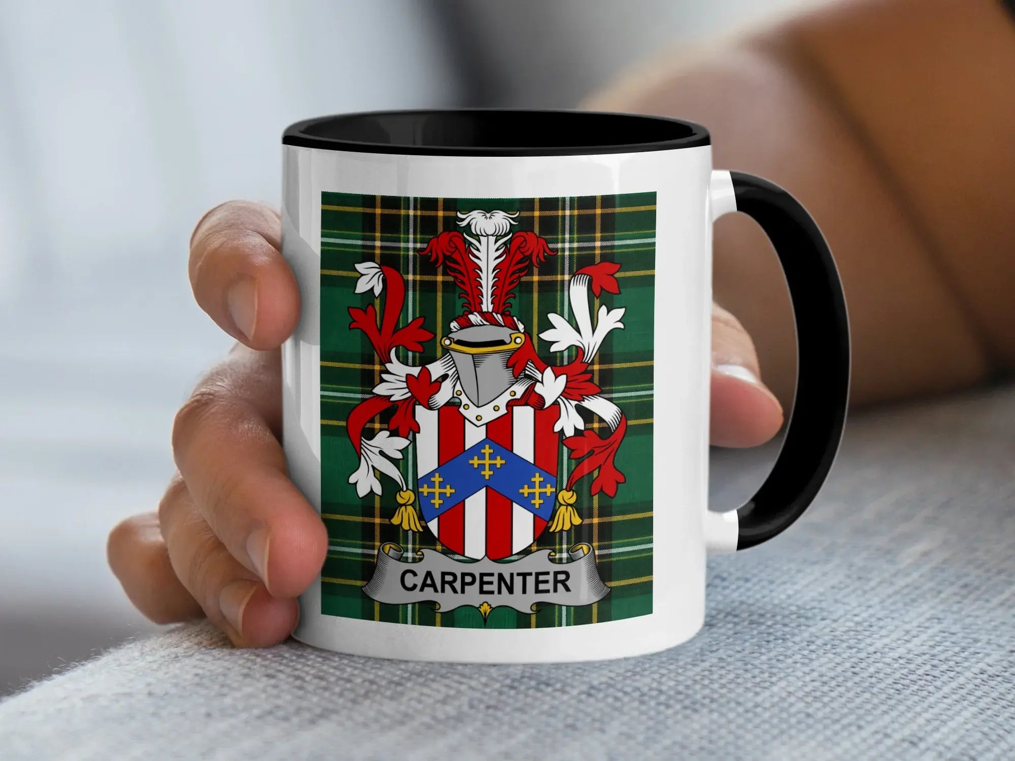White mug with black rim, displaying a Carpenter family crest on green tartan.