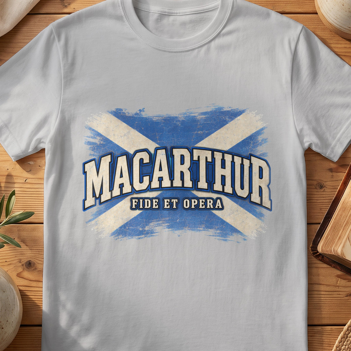 MacArthur Scottish Saltire T-shirt in Sport Grey, with distressed blue and cream flag and “Fide et Opera” lettering.