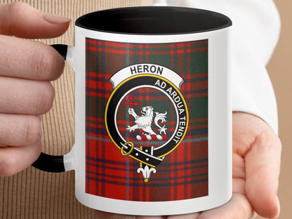 Scottish Clan Heron Crest Badge on Tartan Plaid Mug - Living Stone Gifts