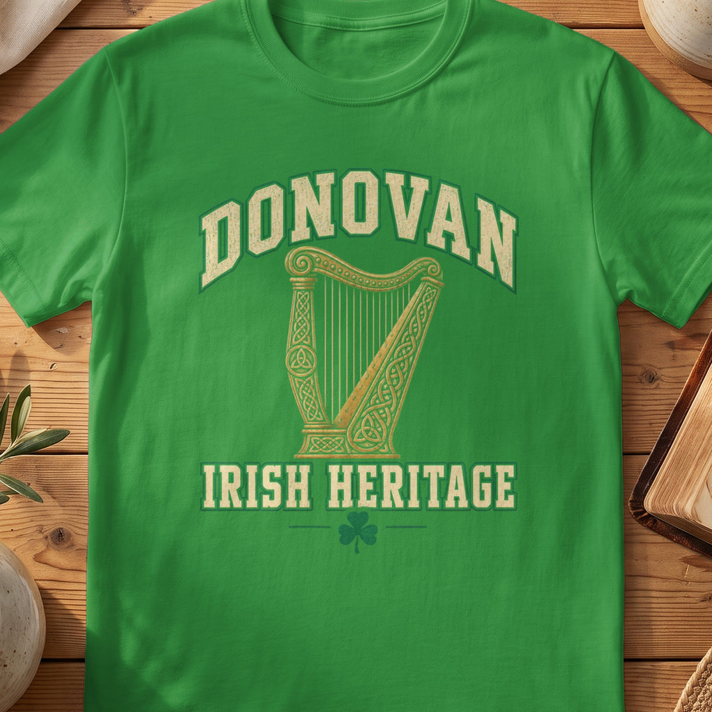 Donovan Irish Heritage green Gildan 64000 T-shirt with Celtic harp design