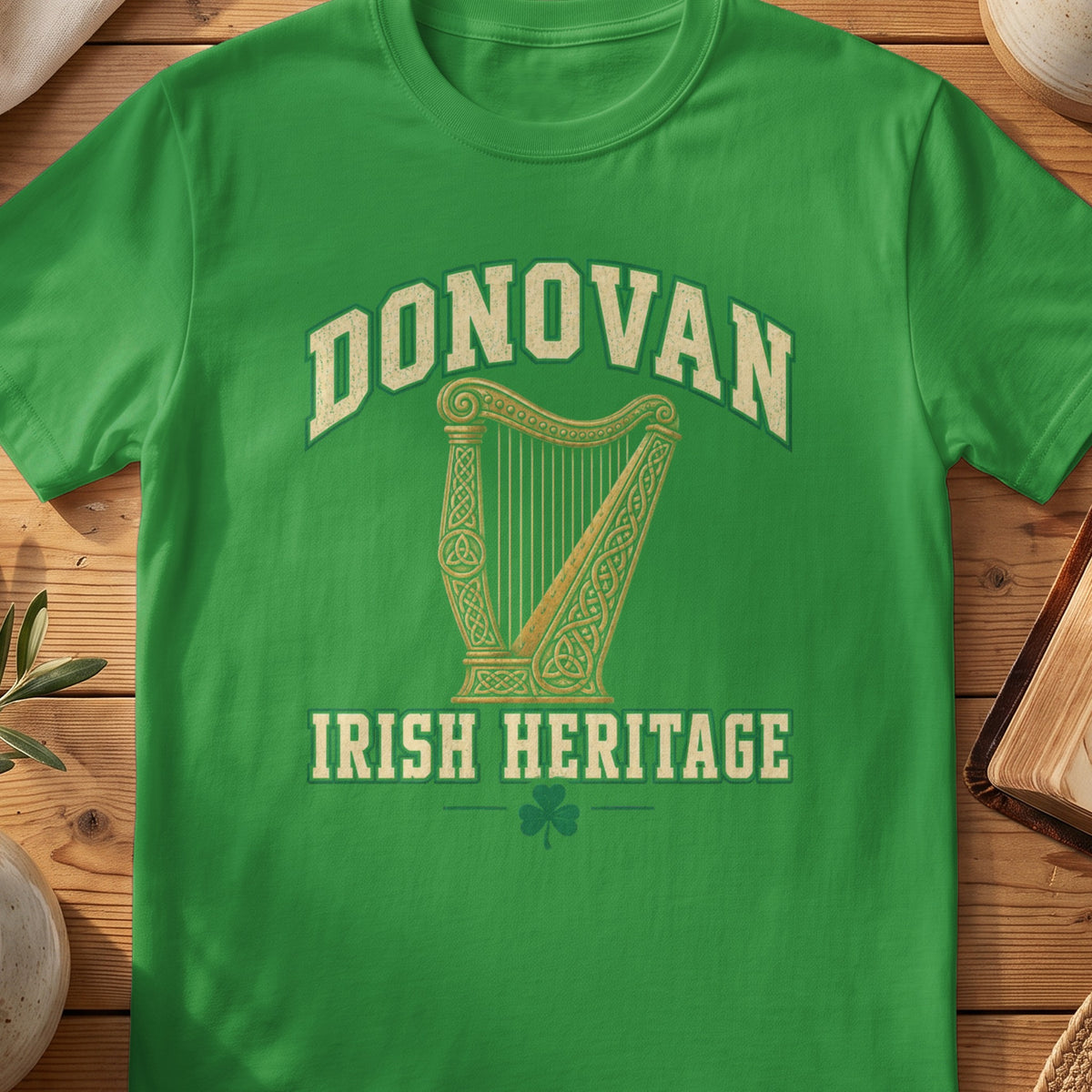 Donovan Irish Heritage green Gildan 64000 T-shirt with Celtic harp design