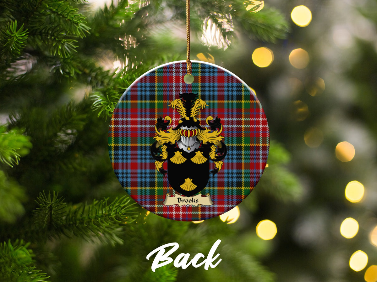 Double-sided Brooks ceramic ornament with family shield and Caledonia tartan background