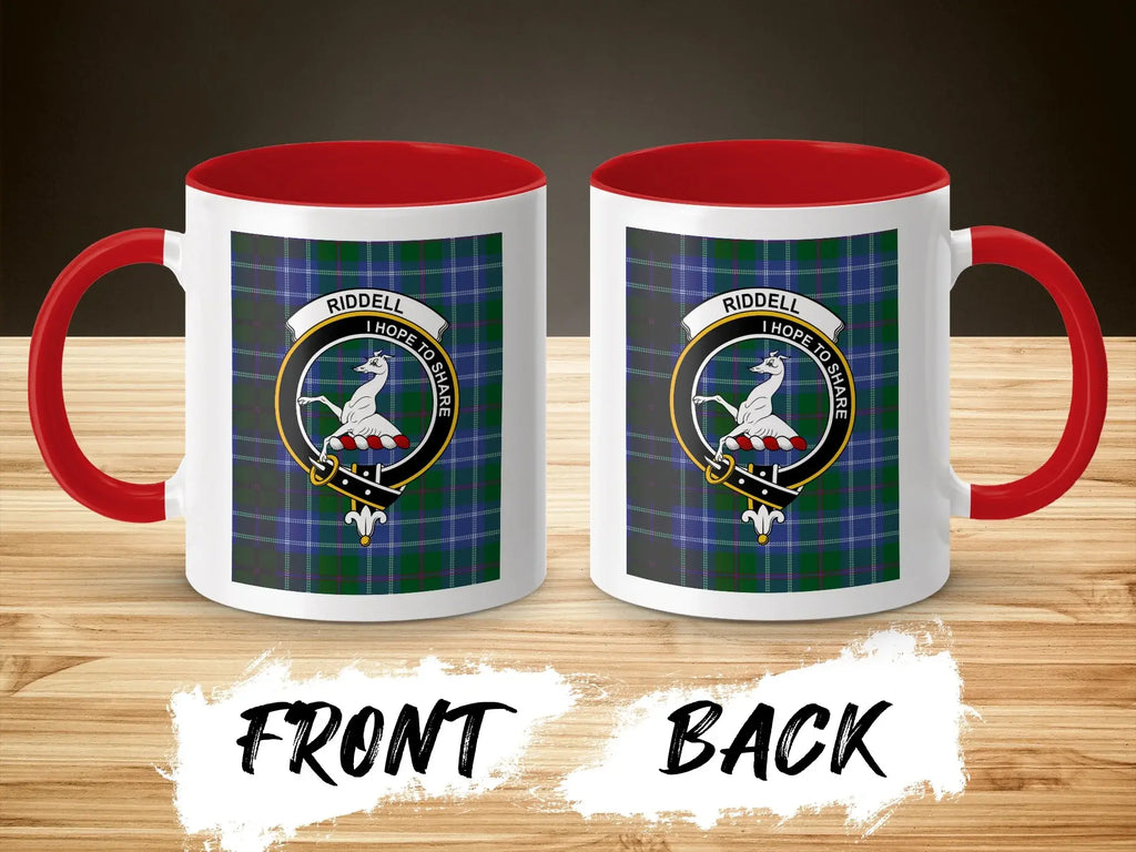 Clan Riddell I Hope to Share tartan pattern mug — glossy ceramic, navy handle, 11 oz