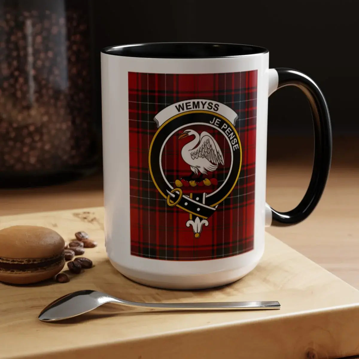 Clan Wemyss crest je pense plaid ceramic mug — front and back view
