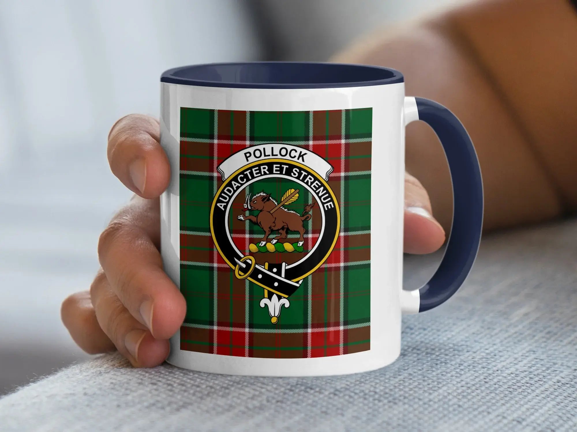 Clan Pollock tartan accent mug — 11 oz ceramic with black handle and Audacter et Strenue crest