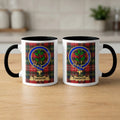 Christie clan tartan mugs front and back — black interiors and handles