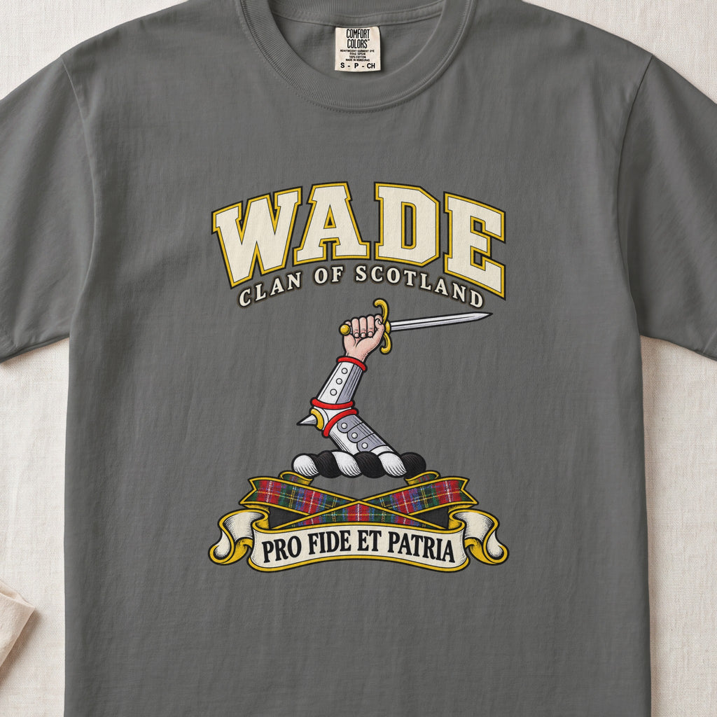 Wade Scottish clan T-shirt in Pepper, front view with an armoured arm holding a sword and motto design.