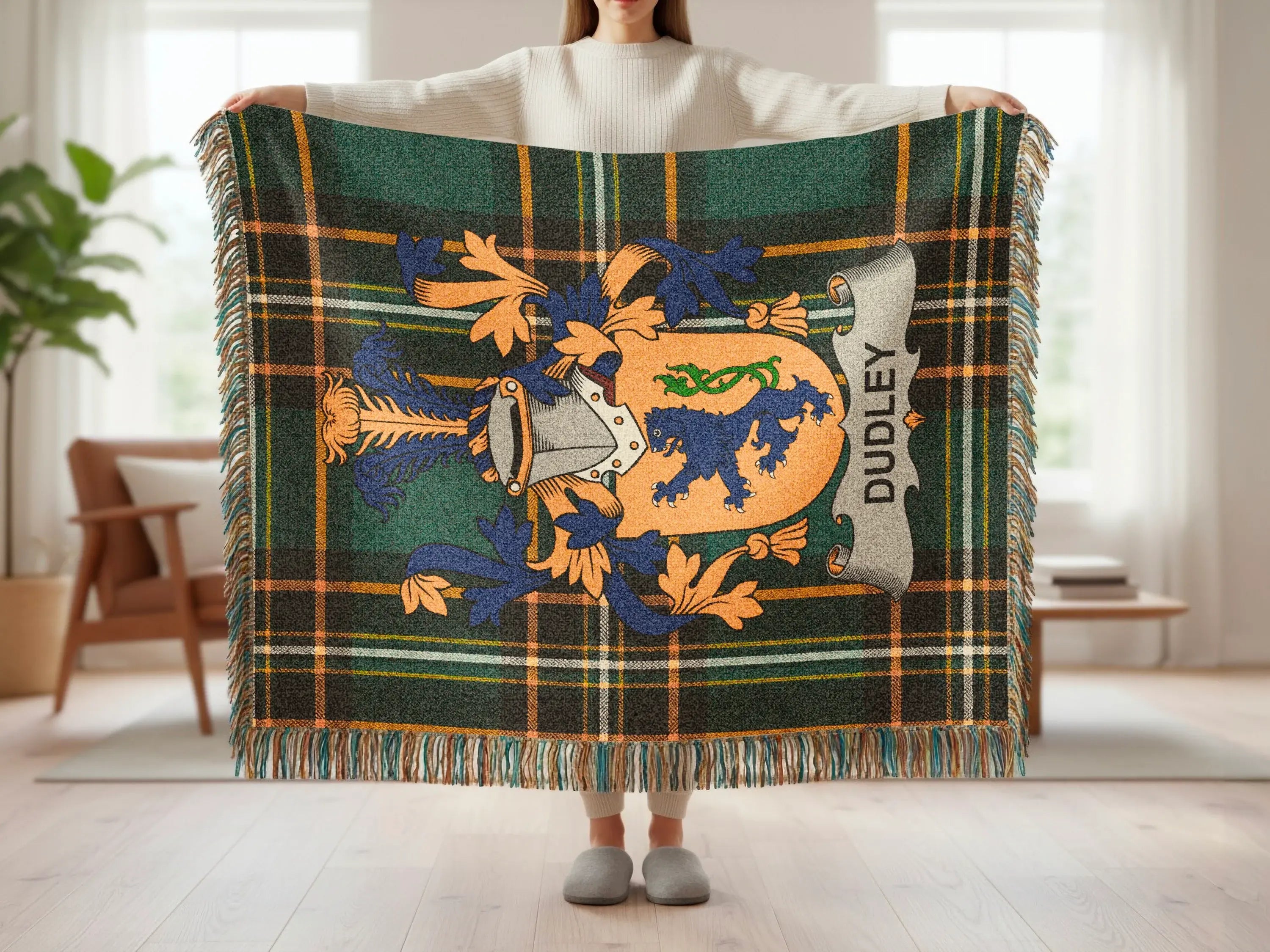 Dudley Coat Arms Plaid Fringed Throw Blanket product type