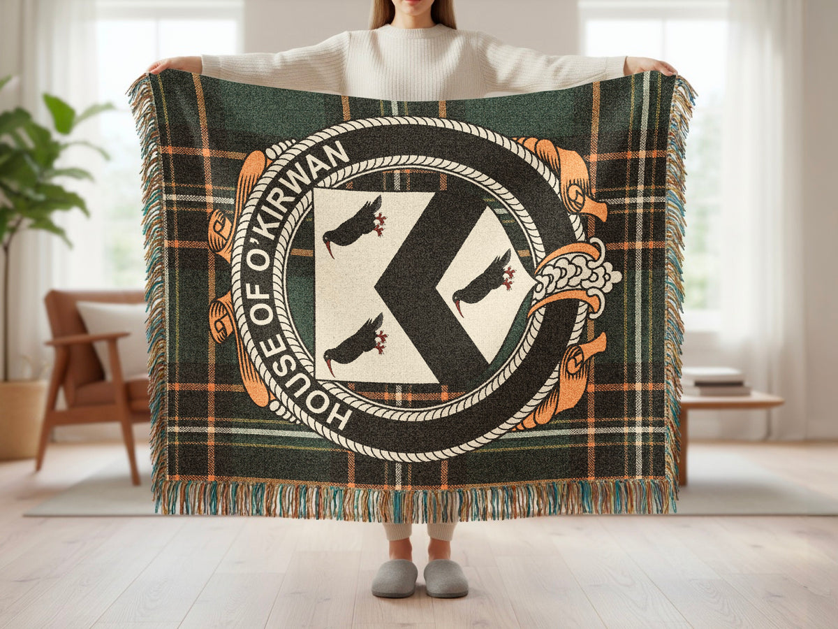 O'Kirwan surname blanket showing Irish National Tartan woven design