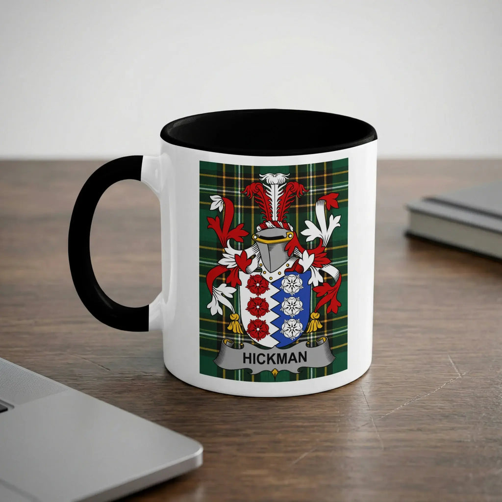 White mug with black rim featuring a coat of arms with "Hickman" banner.