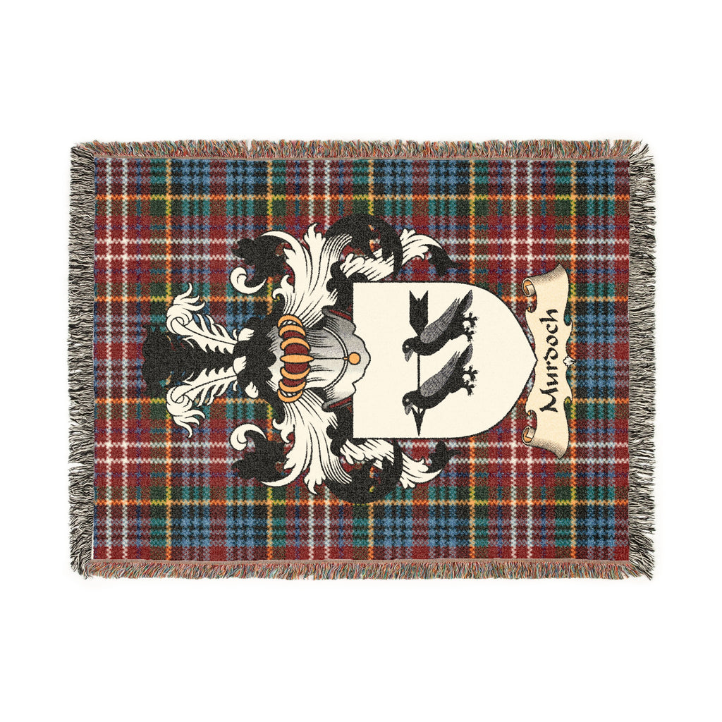 Murdoch Scottish woven blanket with family shield and Caledonia tartan background