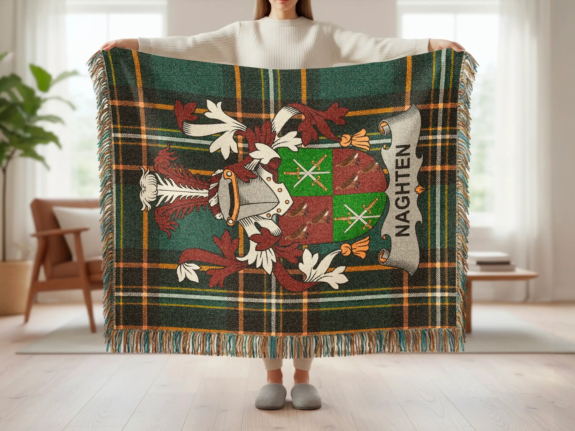 Tartan blanket with the "Naghten" coat of arms in the center.