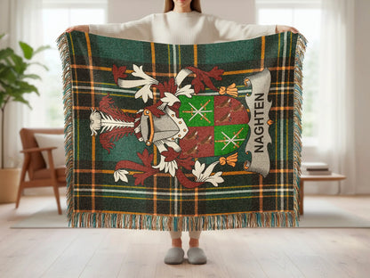 Tartan blanket with the "Naghten" coat of arms in the center.