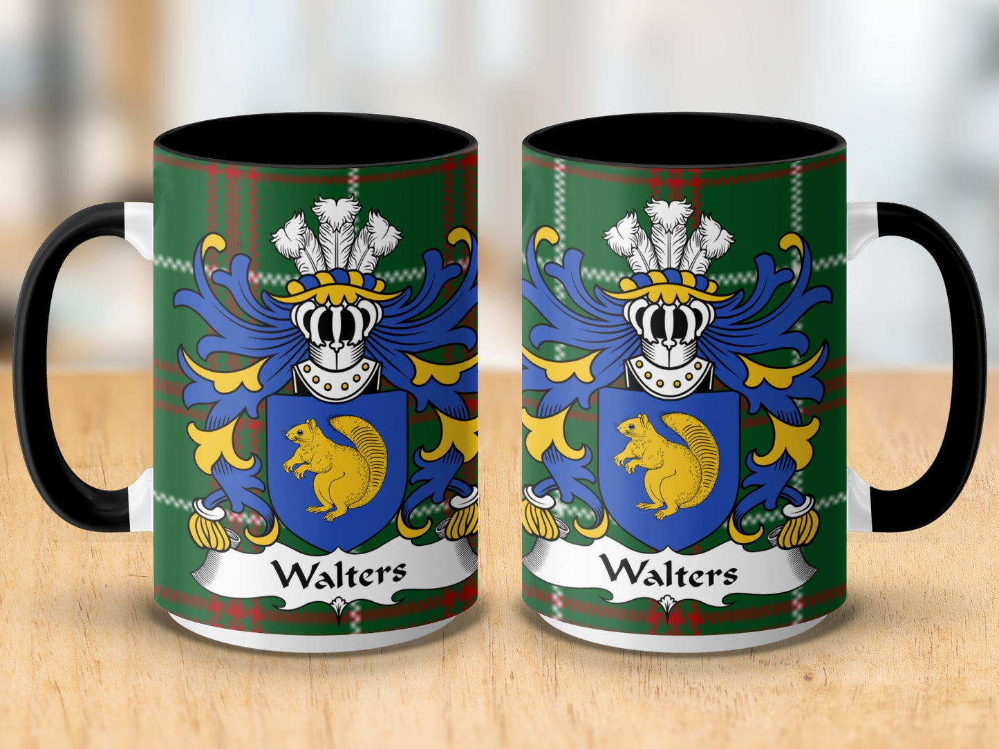 Walters Welsh Surname Coat of Arms Tartan Background Mug - Living Stone Gifts