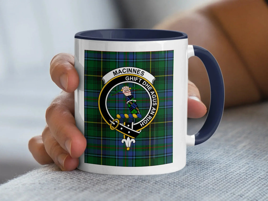 MacInnes clan crest tartan accent mug — 11 oz ceramic with black handle and interior