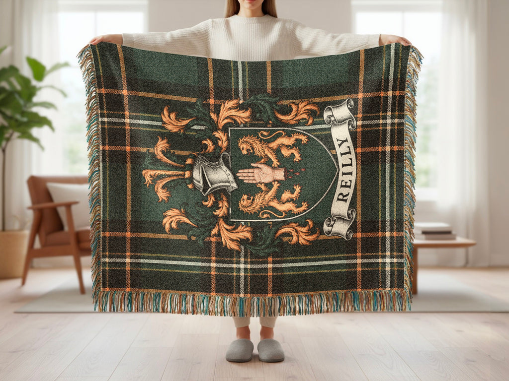 Reilly Irish National Tartan woven blanket with family crest and fringed edges